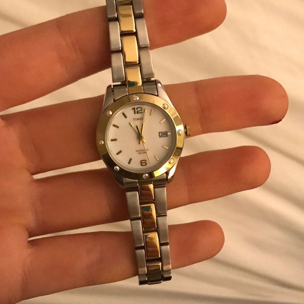 Sterling silver and gold Timex watch with diamonds